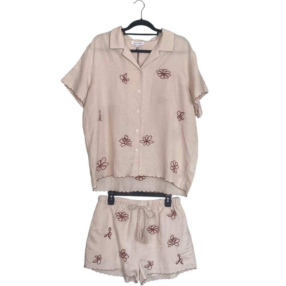 Jacqui E Beige Button-Down Top and Shorts Set with Brown Floral Embroidery